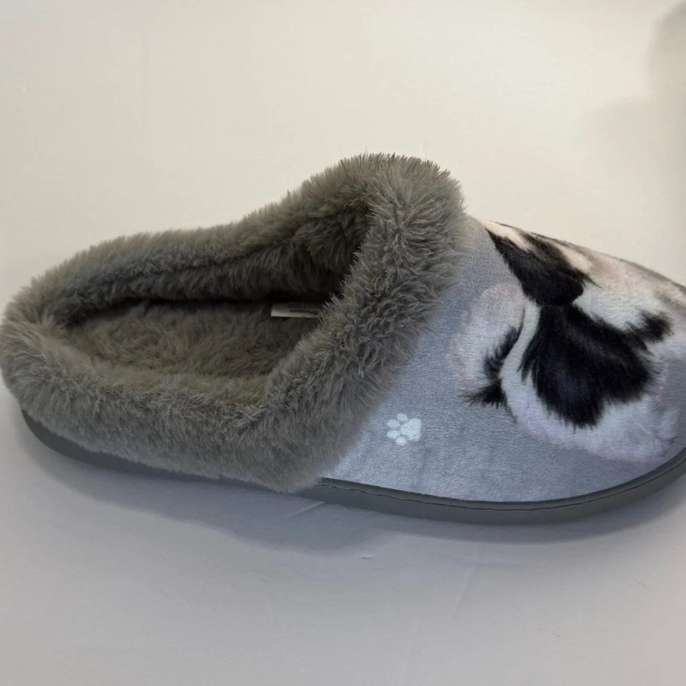 Snuggs Shitzu Dog Print Fluffy Gray Slippers New No Tags - Picture 4 of 8